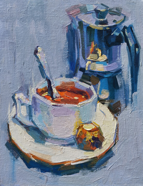 Pintura intitulada "Coffee Break" por Narek, Obras de arte originais, Óleo Montado em Armação em madeira