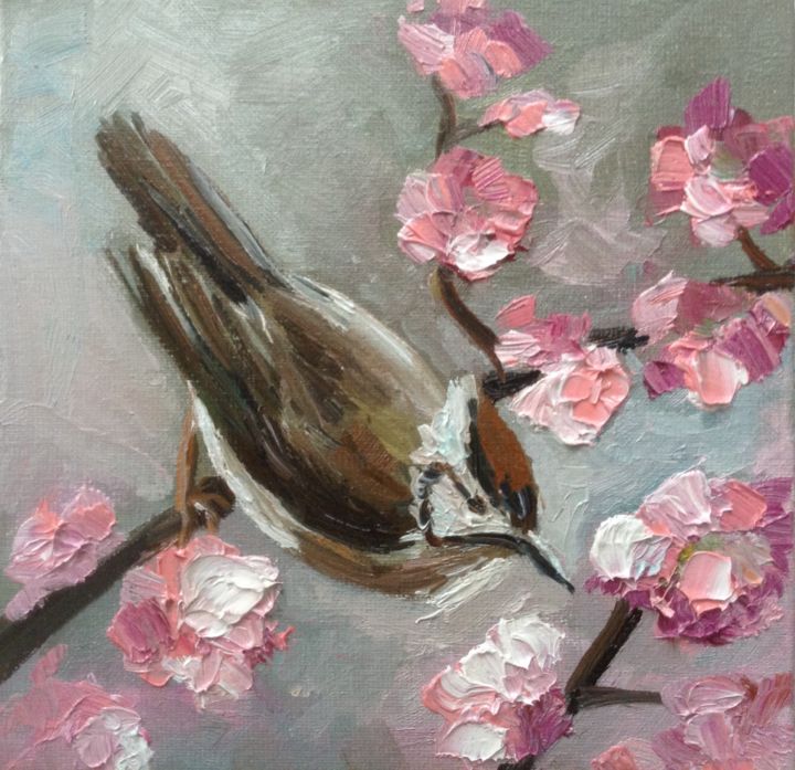 Painting titled "the bird and spring…" by Nata New, Original Artwork, Oil