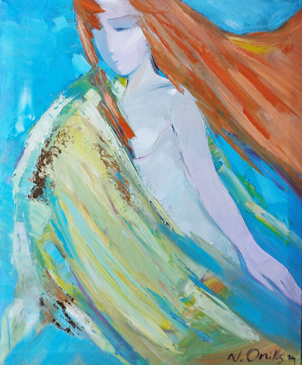 Painting titled "Angel with red hair" by Natali Oniks, Original Artwork, Oil