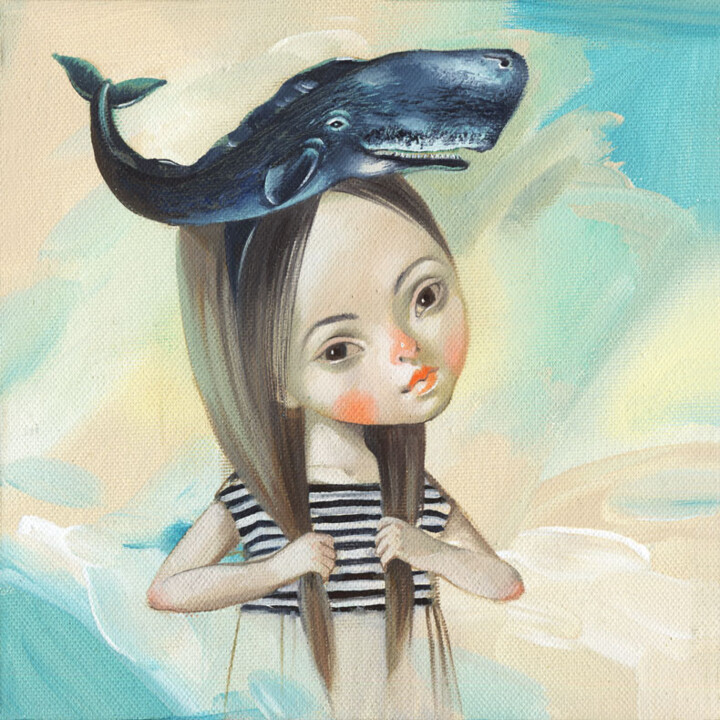 Pittura intitolato "Whale girl / Balena" da Natalia Derevianko, Opera d'arte originale, Olio