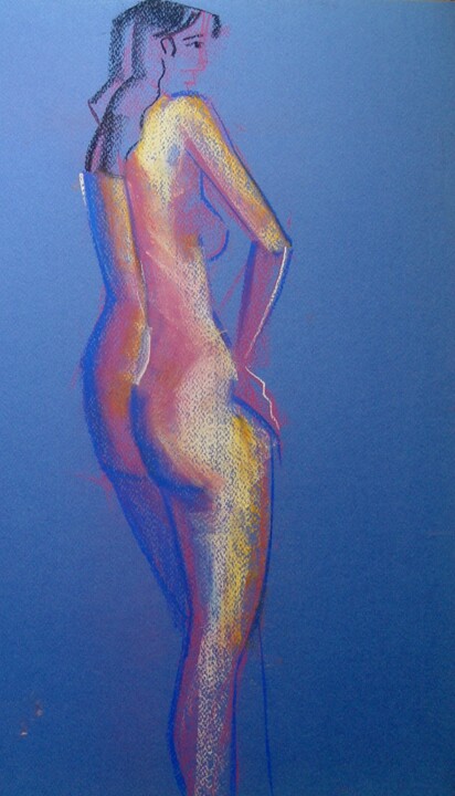 Desenho intitulada "Nude on blue" por Natalia Kaza, Obras de arte originais, Pastel
