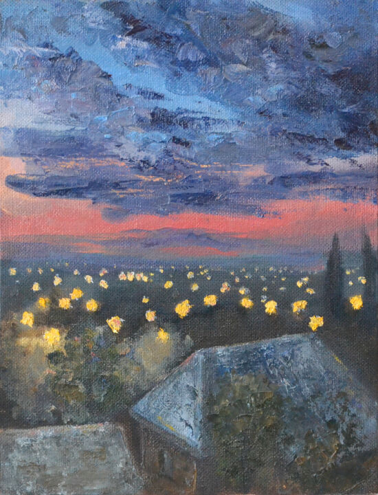 Painting titled "Ночной город" by Natalia Kurmaeva, Original Artwork, Oil