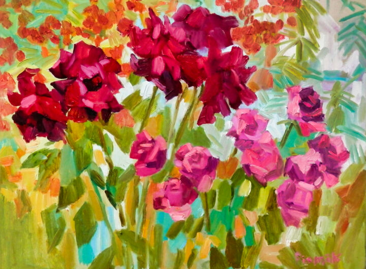 Painting titled "Flowers" by Natalia Pismak, Original Artwork, Oil Mounted on Wood Stretcher frame