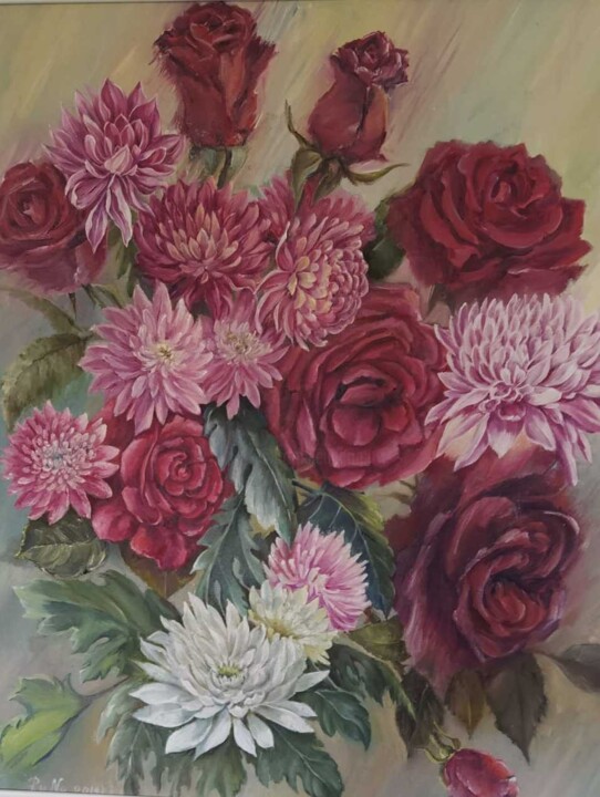 Peinture intitulée "chrysanthemum" par Natalia Rudnitskiy, Œuvre d'art originale, Huile Monté sur Châssis en bois