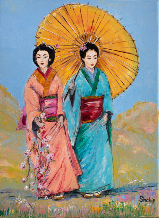 Painting titled "Women Under Wagasa" by Natalia Shchipakina, Original Artwork, Oil Mounted on Wood Stretcher frame