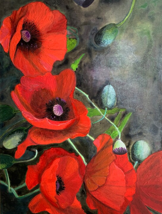 Peinture intitulée "flower poppy" par Natalia Smirnova, Œuvre d'art originale, Acrylique