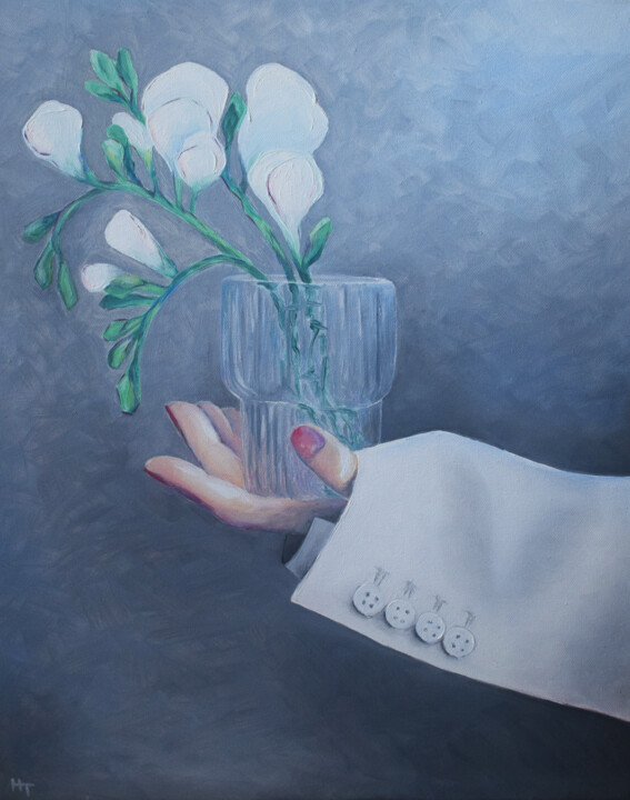 Malerei mit dem Titel "Hand with flower" von Natalia Tremasova, Original-Kunstwerk, Öl