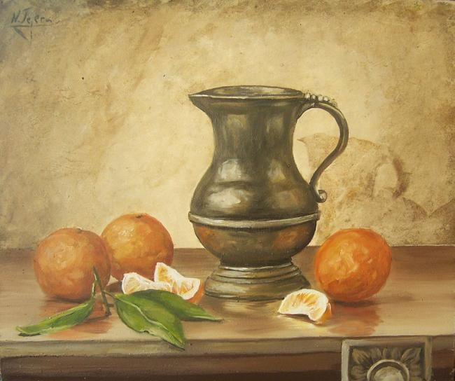 Schilderij getiteld "peltre y naranjas" door Natalia Tejera, Origineel Kunstwerk