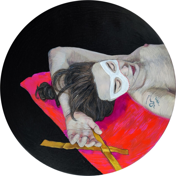 Malerei mit dem Titel "White mask, red line" von Natalie Levkovska, Original-Kunstwerk, Öl Auf Keilrahmen aus Holz montiert