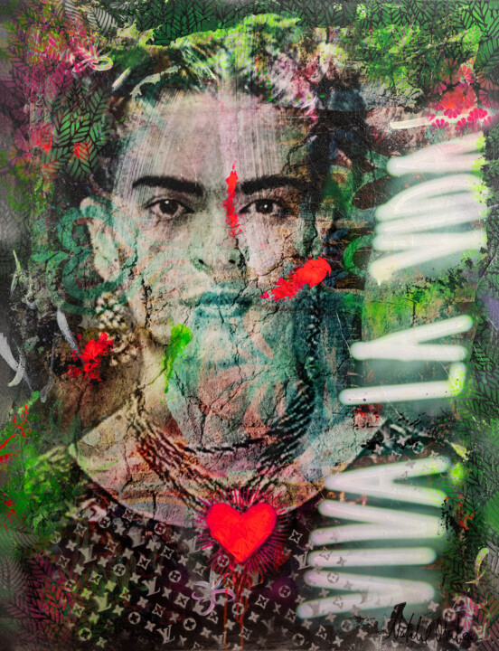 「Frida Kahlo y que v…」というタイトルのコラージュ Natalie Otaloraによって, オリジナルのアートワーク, アクリル ウッドストレッチャーフレームにマウント