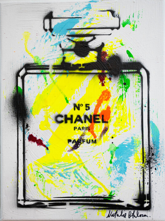 Painting titled "CHANEL PIÑA COLADA" by Natalie Otalora, Original Artwork, Acrylic Mounted on Wood Stretcher frame