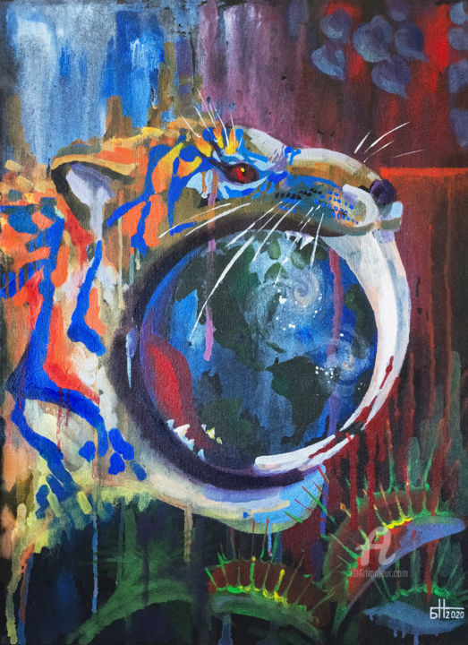 Painting titled "Saber-toothed tiger" by Nataliia Belozerova, Original Artwork, Acrylic