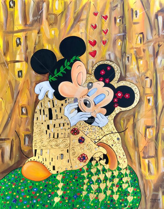「The Kiss Mickey Mou…」というタイトルの絵画 Nataliia Krykunによって, オリジナルのアートワーク, アクリル ウッドストレッチャーフレームにマウント