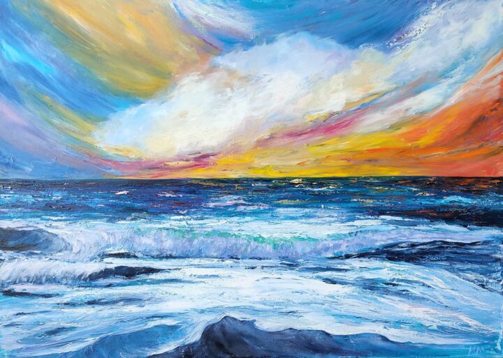 Painting titled "Colorful sky with t…" by Natalya Mitrofanova, Original Artwork, Oil