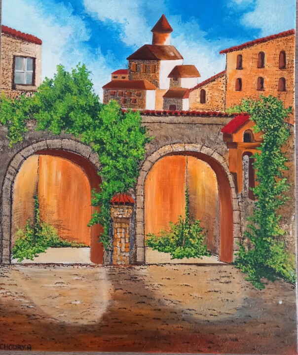 Painting titled "Arcades ensoleillées" by Nathalie Choury, Original Artwork, Oil Mounted on Wood Stretcher frame