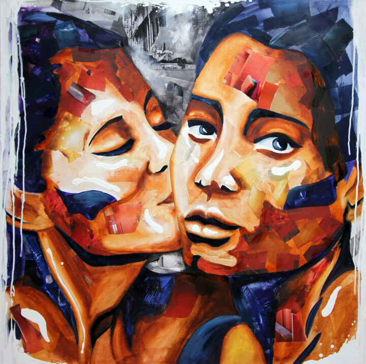 Painting titled "La consolation" by Nathalie Lemaitre, Original Artwork, Oil Mounted on Wood Stretcher frame