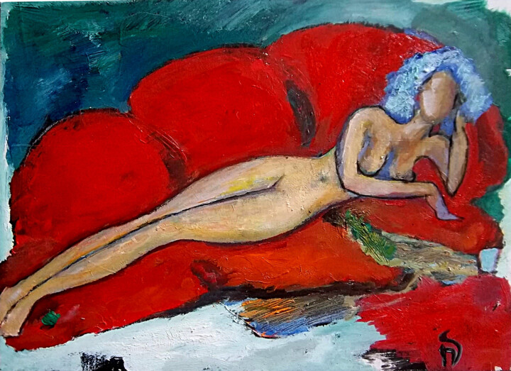 Pintura intitulada "La femme bleue" por Nathalie Straseele, Obras de arte originais, Óleo