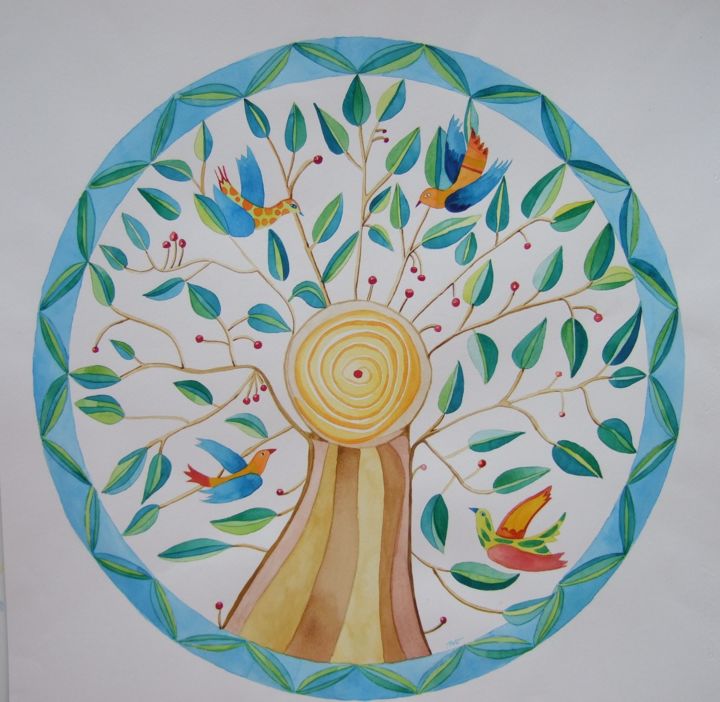 Painting titled "L'arbre bleu" by Nathalie Vanlaer, Original Artwork, Watercolor