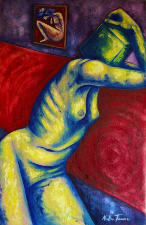 Painting titled "In The Box" by Nella Fauve, Original Artwork, Oil Mounted on Wood Stretcher frame