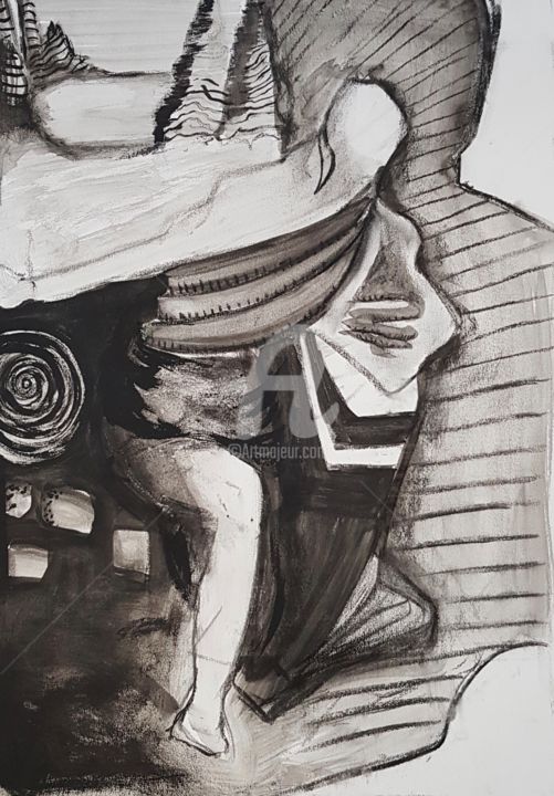 Drawing titled "Détourné" by Nelly Coudoux, Original Artwork, Charcoal