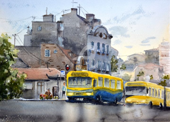 Картина под названием "Dva žuta autobusa/T…" - Nenad Kojić, Подлинное произведение искусства, Акварель