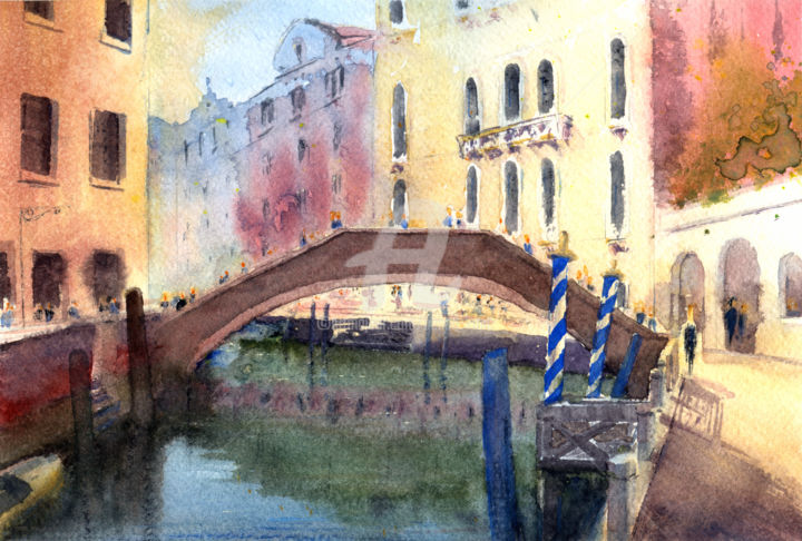 Pintura intitulada "Venice Bridge Italy…" por Nenad Kojić, Obras de arte originais, Aquarela