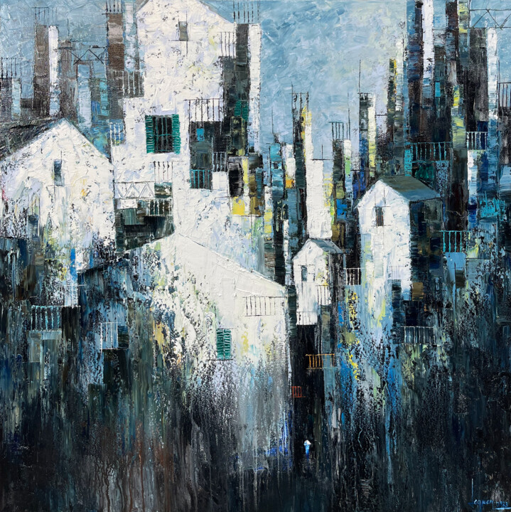 Schilderij getiteld "Far away town" door Ngoc Quan Le, Origineel Kunstwerk, Olie