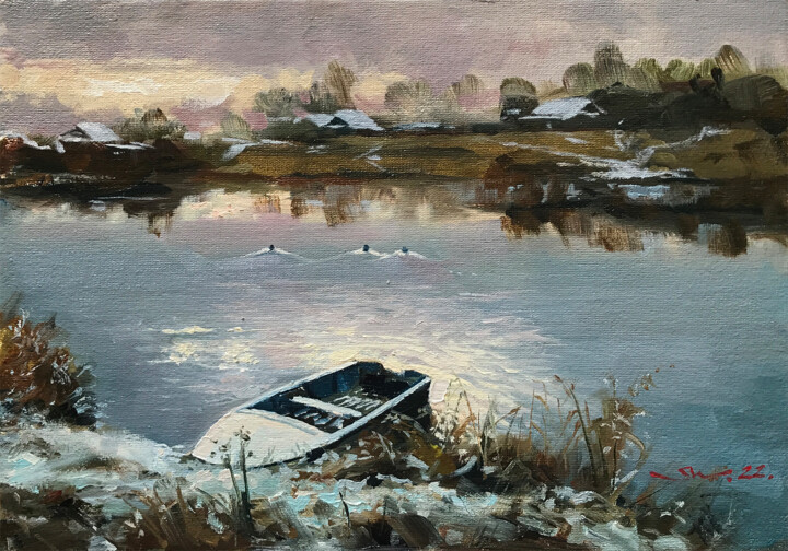 Painting titled "Two drakes and a du…" by Nickolay Shamanov, Original Artwork, Oil