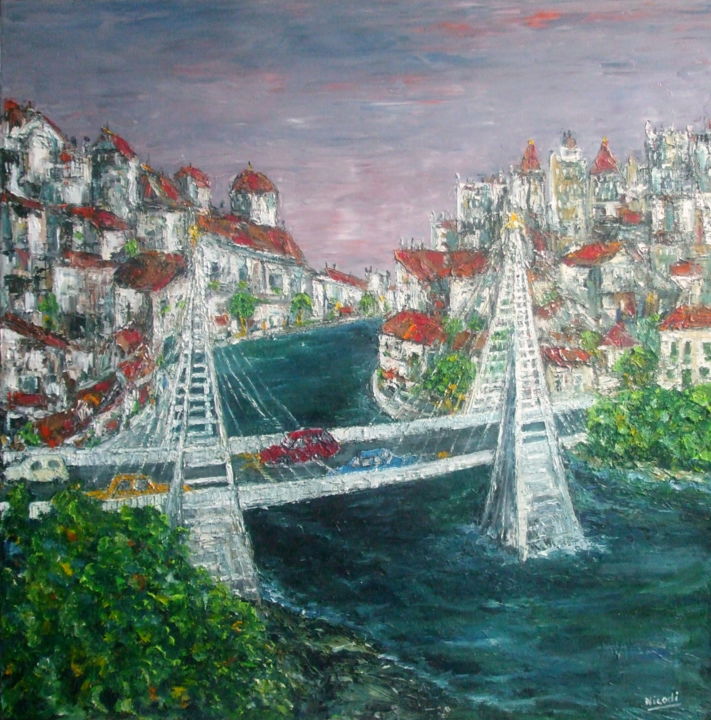 Painting titled "UN PONT POSE ENTRE…" by Nicodi, Original Artwork, Oil