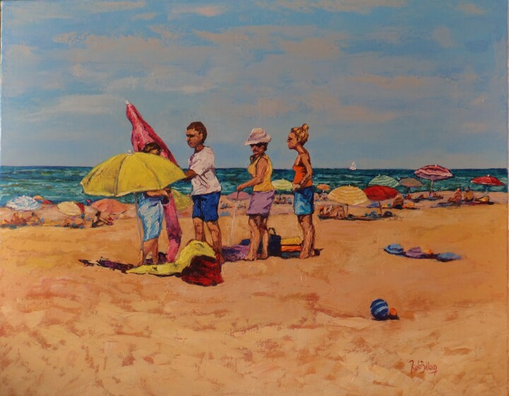 Картина под названием ""A la plage" huile…" - Nicole Bellocq, Подлинное произведение искусства, Масло