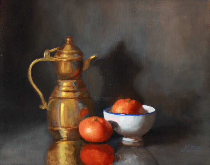 Painting titled "Brass pot and cleme…" by Nicole Le Gall, Original Artwork, Oil