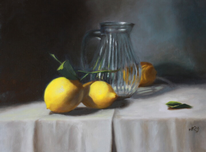 Pittura intitolato "Lemons and Glass Jug" da Nicole Le Gall, Opera d'arte originale, Olio