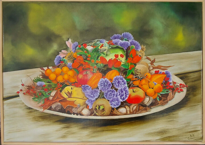 Schilderij getiteld "Assiette de fruits…" door Nicole Pèpe Gaumier, Origineel Kunstwerk, Olie Gemonteerd op Frame voor houte…