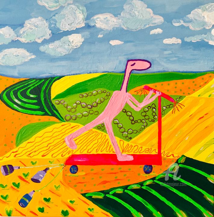 Peinture intitulée "Pinko with Scooter" par Nida Acun, Œuvre d'art originale, Acrylique Monté sur Panneau de bois