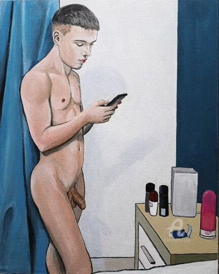 Malerei mit dem Titel "Joven desnudo en el…" von Nidiaz, Original-Kunstwerk, Acryl Auf Holzplatte montiert