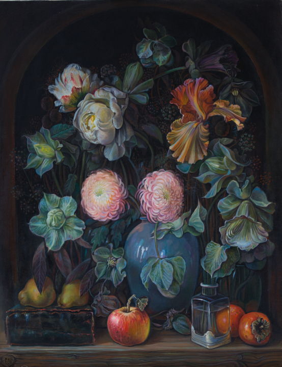 Schilderij getiteld "Flowers and fruits" door Sergey Lesnikov, Origineel Kunstwerk, Olie