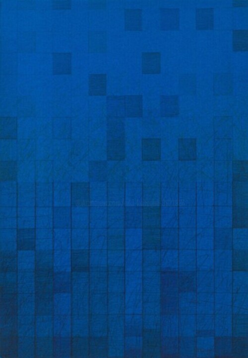 Druckgrafik mit dem Titel "Blue Manuscript" von Niki Kanagini, Original-Kunstwerk, Siebdruck