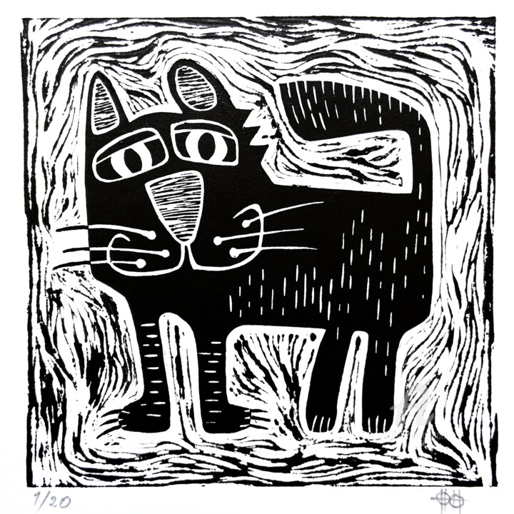 Printmaking titled "LinoCat #3" by Nikita Ostapenco, Original Artwork, Linocuts