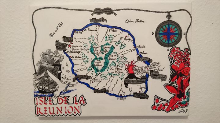 Drawing titled ""ISLE DE LA RÉUNION"" by Niko Delmas, Original Artwork, Graphite