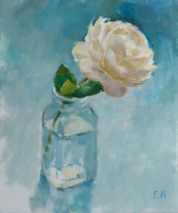 绘画 标题为“White rose” 由Nina Ezerskaya, 原创艺术品, 油 安装在木质担架架上