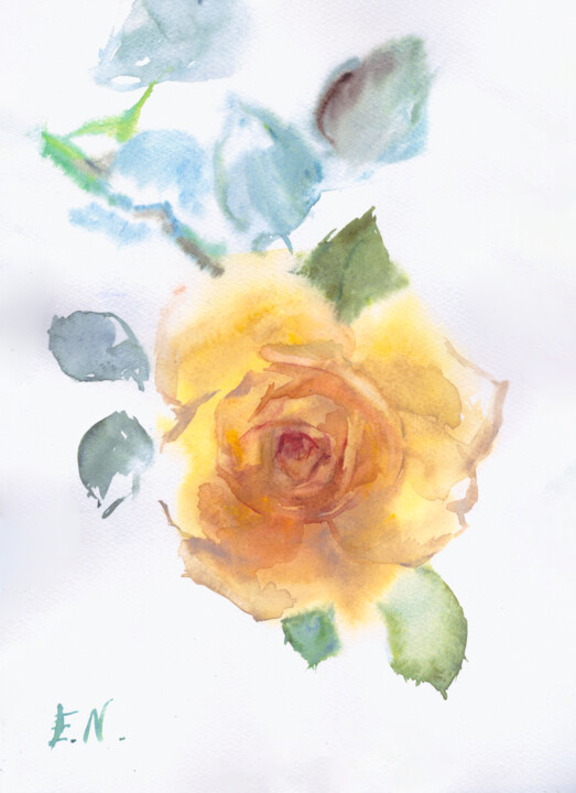 Malerei mit dem Titel "Yellow rose" von Nina Ezerskaya, Original-Kunstwerk, Aquarell