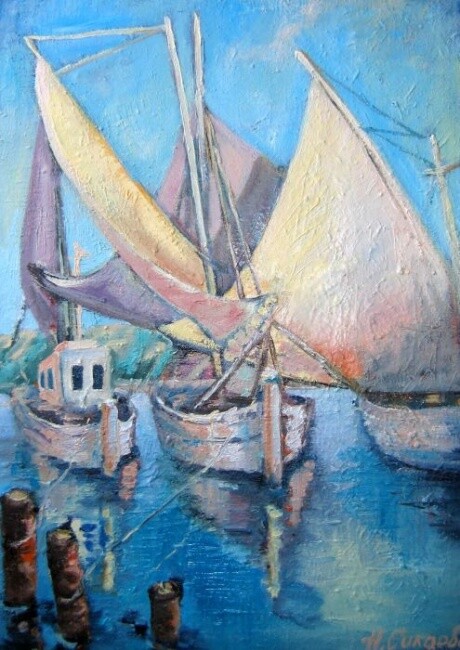 Pittura intitolato "yacht" da Nina Silaeva, Opera d'arte originale, Olio
