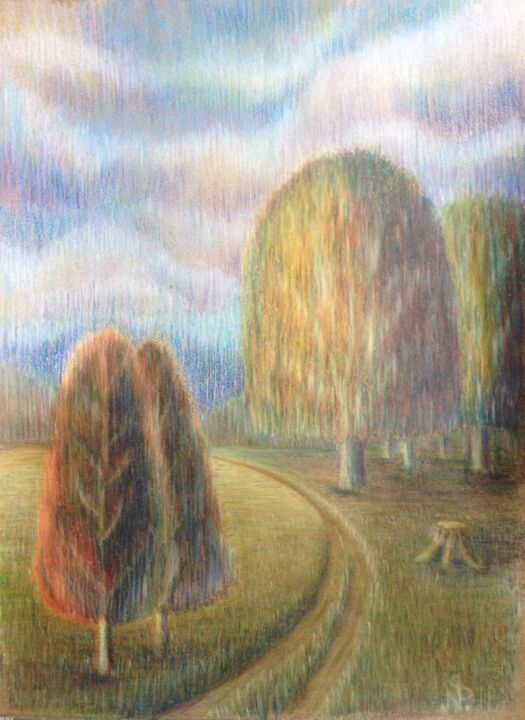 Disegno intitolato "Road through the fi…" da Nina Samosudova, Opera d'arte originale, Matite colorate