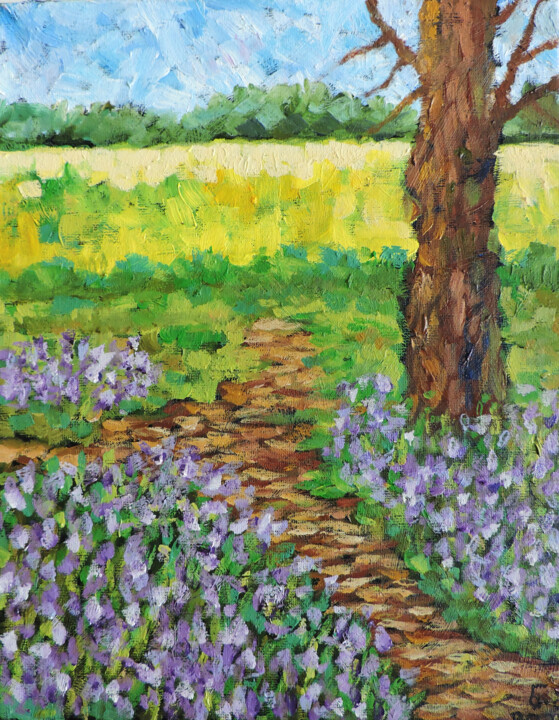 Painting titled "purple flower meadow" by Nino Gudadze, Original Artwork, Oil