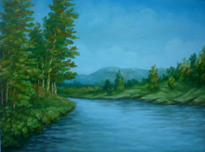 Schilderij getiteld "Drina river" door Njegos Arnaut, Origineel Kunstwerk, Olie