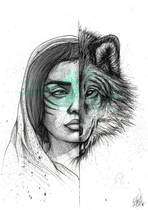 Dibujo titulada "Wolf Woman" por Art De Noé, Obra de arte original, Tinta