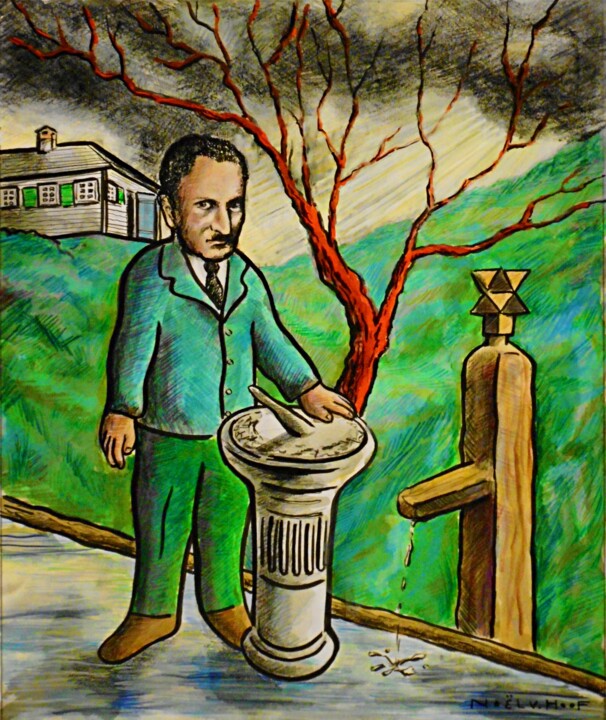 Malerei mit dem Titel "Martin Heidegger at…" von Noël Van Hoof, Original-Kunstwerk, Aquarell