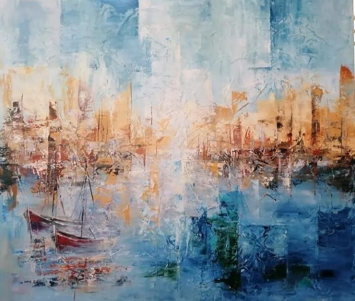 Pittura intitolato "Baia blu" da Nora Ferriani, Opera d'arte originale, Olio