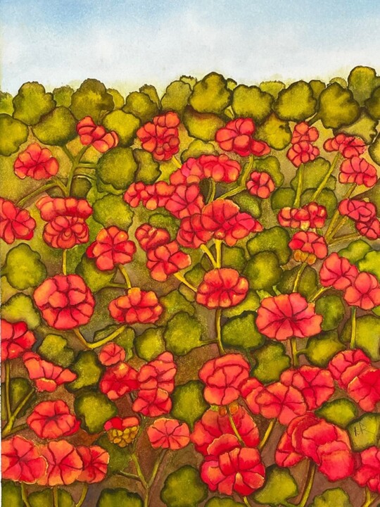 Malerei mit dem Titel "Red Geraniums" von Nancy Riedell, Original-Kunstwerk, Aquarell