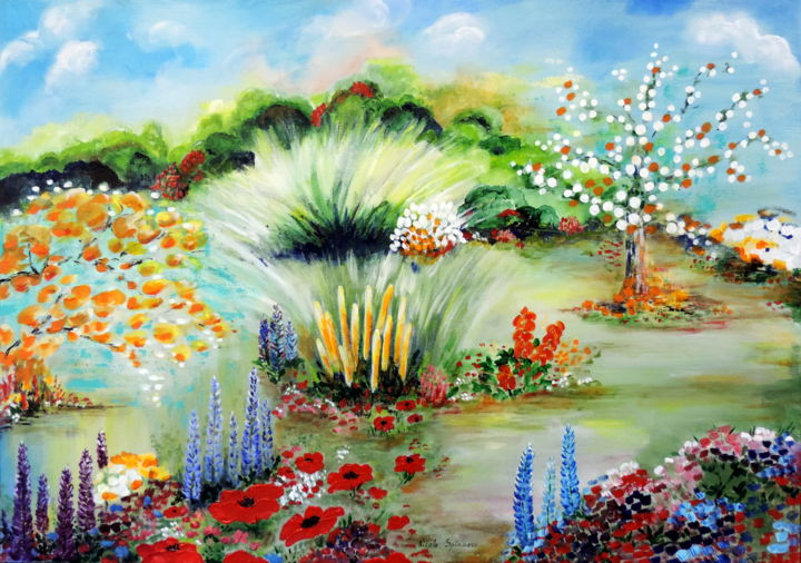 Painting titled "Mes jardins en déli…" by Nicole Spiraers, Original Artwork, Acrylic Mounted on Wood Stretcher frame